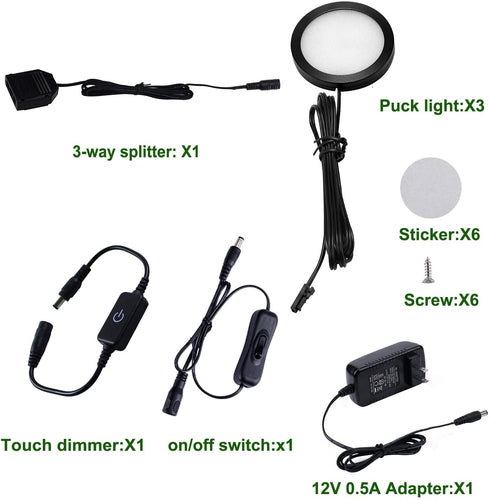 AIBOO Under Cabinet LED Black Cover Puck Lighting Kit with Touch Dimmer Switch for Kitchen Cupboard Closet Lighting (3 Lights,Warm White)