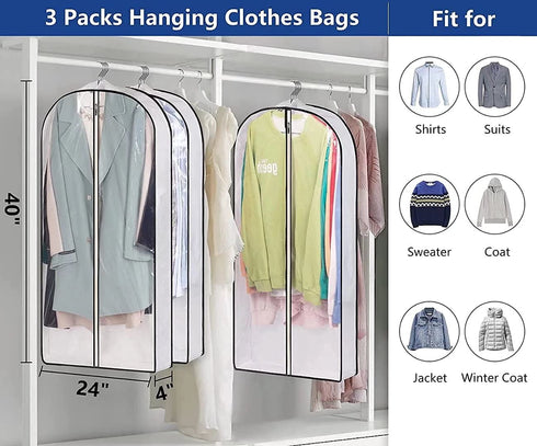 AOODA 40" Hanging Garment Bags for Closet Storage Suit Bag 4" Gusseted Clear Clothes Cover for Coat, Jacket, Sweater (3 Packs)