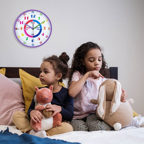 Telling Time Teaching Wall Clock, Silent Movement, Educational Wall Clock, Makes Kids Learning Time Faster and Fun. Its Perfect for Parents and Teachers, Decorate Kids Bedroom or Classroom,Purple