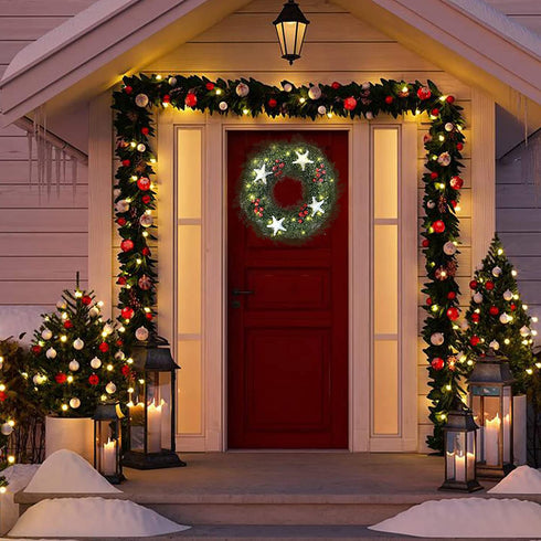 ANGELEMM Pre-lit Christmas Wreaths for Front Door ,Build in Hook, Battery Operated Christmas Wreath Decorative Hanging Ornament, Artificial Door Wreath Clear LED Lights(16 Inch)