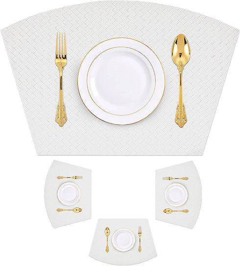 Homaxy Faux Leather Strip Woven Round Table Placemats, Set of 4 Heat Insulation Stain Resistant Non-Slip Table Mats for Kitchen Table, Washable Wipe Clean Fan Shape Wedge Place Mats, White