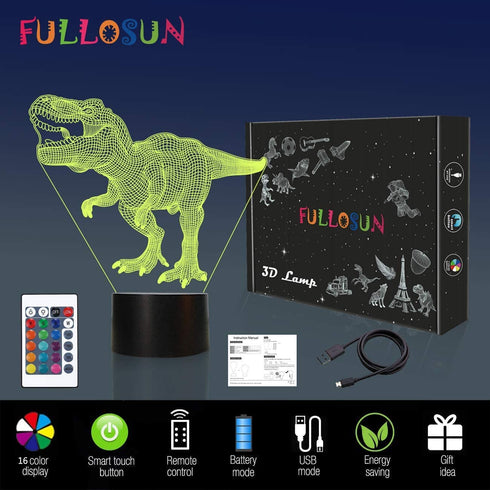 Dinosaur Gifts, Night Light for Kids Dinosaur T-rex 3D Night Light Bedside Lamp with Remote Control 16 Color Changing Xmas Halloween Birthday Gift for Child Baby Boy