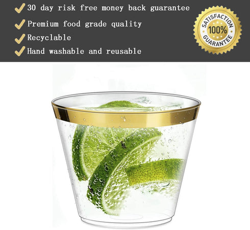 100 Plastic Cups 9 Oz Gold Plastic Cups Old Fashioned Tumblers Gold Rimmed Plastic Cups for Party Decorations Disposable Clear Plastic Cups for Wedding Cups Elegant Party Cups