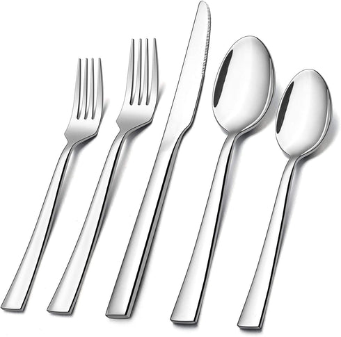 20-Piece Silverware Set, E-far Stainless Steel Flatware Set Service for 4, Modern Tableware Cutlery Set includes Forks, Spoons, Knives, Square Edge & Mirror Finish, Dishwasher Safe