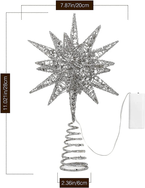 Lewondr Christmas Tree Topper, Battery Powered 3D Geometric Star Decorative LED Lights Bright Star Lighting with Springy Base for Holiday Xmas Tradition Moravian Tree Christmas Decor - Silver