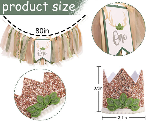Woodland 1st Birthday Decorations - Oh Deer One Banner High Chair, Green Leaf Birthday Crown, highchair decorations for 1st birthday, Woodland Birthday Party Supplies, Enchanted Forest Party Decor