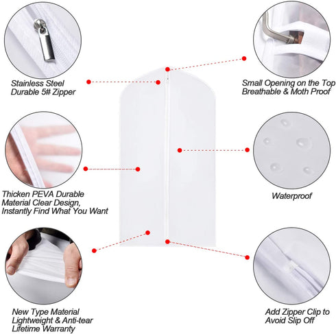 Hanging Garment Bags Cover 24''X48'' Lightweight Clear White Suit Protector Cover (Pack of 6) with Study Full Zipper for Suit Clothes Storage Closet (24''X48'', White)