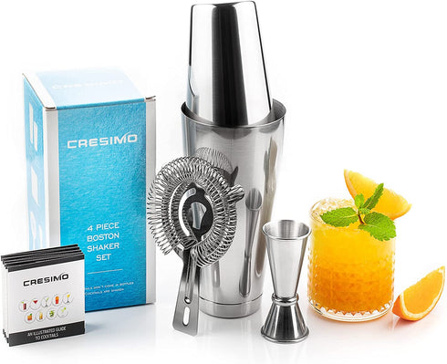 4pc Boston Cocktail Shaker Set - Large Stainless Steel Boston Shaker Bar Set with 28oz Weighted and 18 oz Unweighted Martini Drink Shaker Cups & Bartender Kit - Jigger, Hawthorne Strainer - Cresimo
