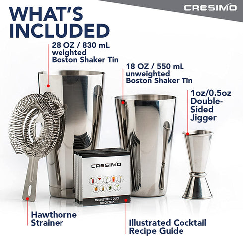 4pc Boston Cocktail Shaker Set - Large Stainless Steel Boston Shaker Bar Set with 28oz Weighted and 18 oz Unweighted Martini Drink Shaker Cups & Bartender Kit - Jigger, Hawthorne Strainer - Cresimo