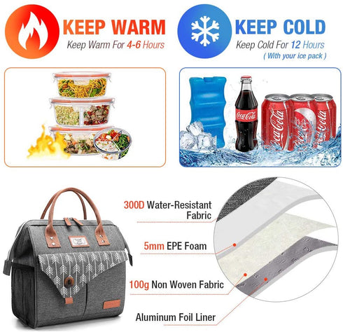 Lekesky Lunch Bag for Women Insulated Lunch Box Leakproof Lunchbox for Adult Work, Grey