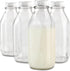 Liter Glass Milk Bottles (4 Pack) 8 White Caps - 33.8 Oz Milk Jars with Lids - Food Grade Glass Bottles - Dishwasher Safe - Bottles for Oat Milk, Buttermilk, Honey, Syrup, Jam, Sauce - Stock Your Home