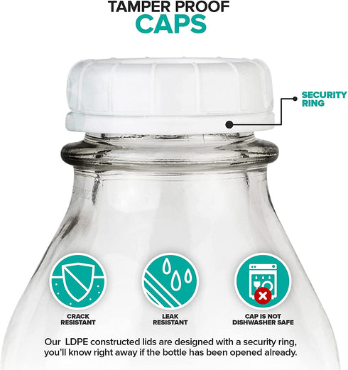 Liter Glass Milk Bottles (4 Pack) 8 White Caps - 33.8 Oz Milk Jars with Lids - Food Grade Glass Bottles - Dishwasher Safe - Bottles for Oat Milk, Buttermilk, Honey, Syrup, Jam, Sauce - Stock Your Home