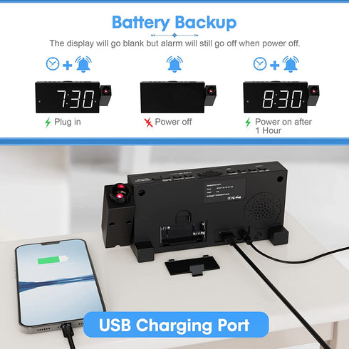 Projection Alarm Clock for Kids Bedroom,Digital Alarm Clock with Projection on Ceiling Wall,Dual Loud Alarm Clock for Heavy Sleeper,USB Port,Easy to Use,Snooze,Dimmer,Battery Backup,Plug-in,12/24H DST