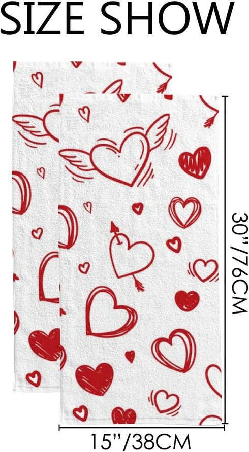 BVOGOS Valentine's Day Bath Hand Kitchen Towels Heart Romantic Face Towel Washcloth Set of 2 Soft Quick Dry Super Absorbent Bathroom Red