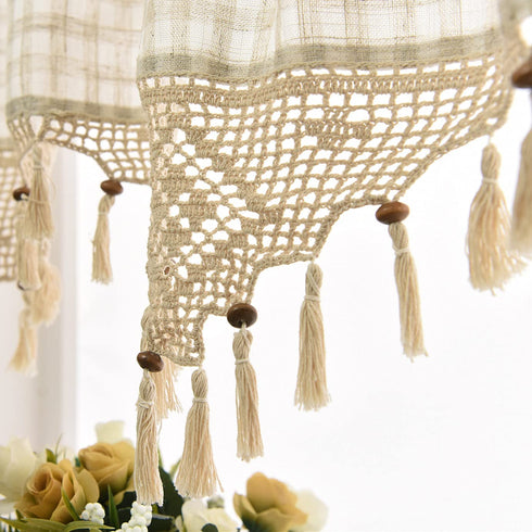 ZHH Retro Lattice Window Valance Handmade Crochet with Tassel Cafe Curtain for Window Bedroom Livingroom Dorm Decor, Beige (H 15 inch W 60 inch)