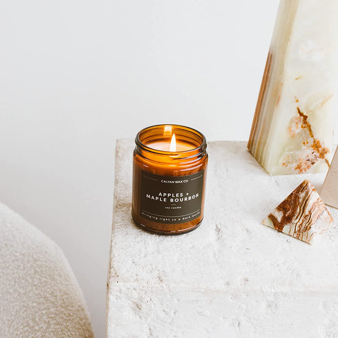 Calyan Wax Soy Wax Candle, Apples & Maple Bourbon Scented Candle for The Home | Premium Candle with Essential Oils | 7.2 oz 57 Hour Burn | Natural Soy Candle in Amber Glass Jar | Aromatherapy, Gift