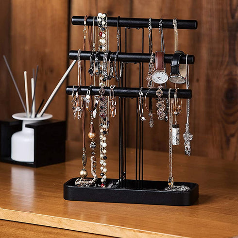 JackCubeDesign Wood 3 Tier Jewelry Display Stand Tree Organizer Bracelet Necklace Holder Rack Hanger Tower with Leather Earring Ring Tray Storage Tabletop(Black, 12 x 4.5 x 15.8 inches) :MK413A