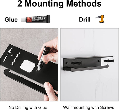 DUFU Paper Towel Holder Wall Mount for Kitchen, Self-Adhesive Paper Towel Holder with Shelf for Bathroom, Anti-Rust Aluminum, No Drill or Wall-Mounted with Screws (Matt Black)