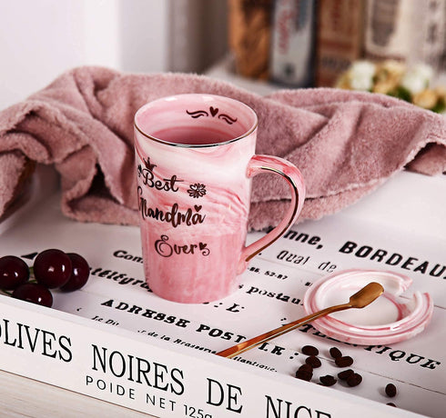 Doublewhale Grandma Gifts - Mothers Day Gifts for Grandma - Birthday Gifts for Grandma from Granddaughter Grandson Grandchildren - Best Grandma Ever Marble Ceramic Coffee Mug 14Oz with Lid Pink