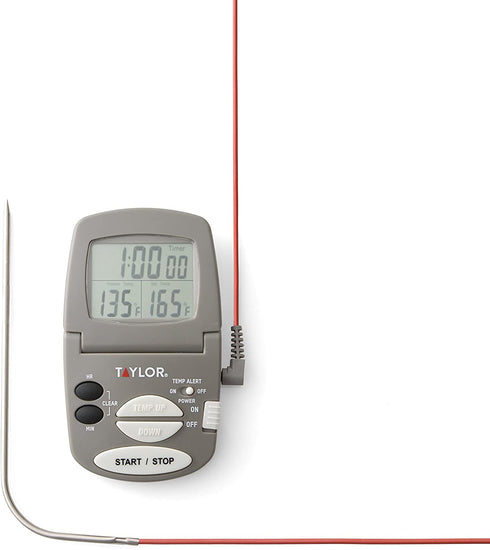 Taylor Precision Products Programmable with Timer Instant Read Wired Probe Digital, Meat, Food, Grill BBQ Cooking Kitchen Thermometer with Timer, Gray