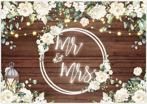 Allenjoy White Floral Mr & Mrs Engagement Decorations Backdrop Couples Wedding Bride and Groom Engaged Ceremony Anniversary Bridal Shower Supplies Photo Booth Background 7x5ft