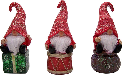 Festive Holiday Sitting Gnome Figurines, Christmas Decoration, 3 Assorted, 5 Inches