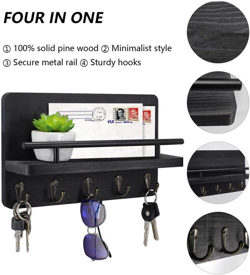 Key Holder and Mail Shelf Wall Mounted, Decorative Wall Mail Organizer with Shelf, Wood Hanging Mail Sorter Shelf with 5 Key Hooks, 100% Pine Wood Letter, Bill and Newspaper Storage Shelf (Black)