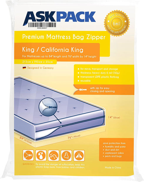 King/California King - Mattress Bag Enhanced with Zipper 6 mil Ultra Thick for Moving & Long-Term Storage - Tear Resistant and Waterproof - Ultra Heavy Duty