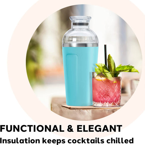Oggi Groove Insulated Cocktail Shaker-17oz Double Wall Vacuum Insulated Stainless Steel Shaker, Tritan Lid has Built In Strainer, Ideal Cocktail Mixer, Martini Shaker, Margarita Shaker, Turquoise