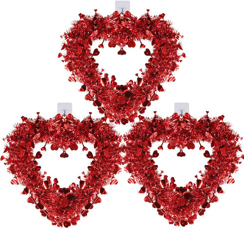 Winlyn 3 Pack Red Valentine Heart Wreaths Tinsel Heart Shaped Wreaths with Foil Hearts Hanging Valentine's Day Wreaths Decorations for Wedding Birthday Party Front Door Wall Window Mantel D©cor
