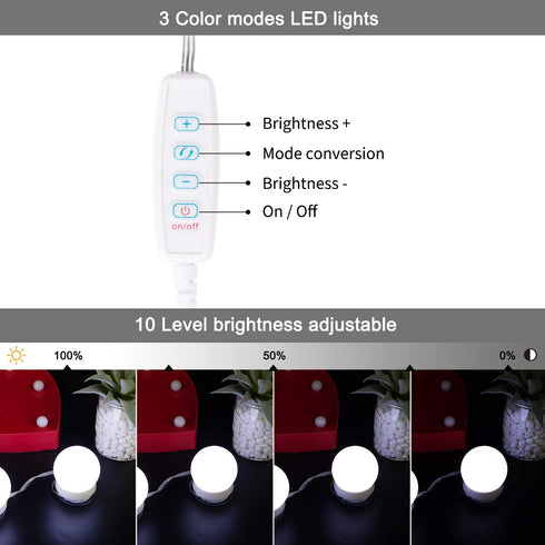 Upgraded Hollywood Style Vanity Mirror Lights Kit, 10 Dimmable Led Bulbs with 3 Color Modes, Best for Makeup Dressing Table Bathroom Dressing Room, Power Supply Plug in Lightings (Mirror Not Include)