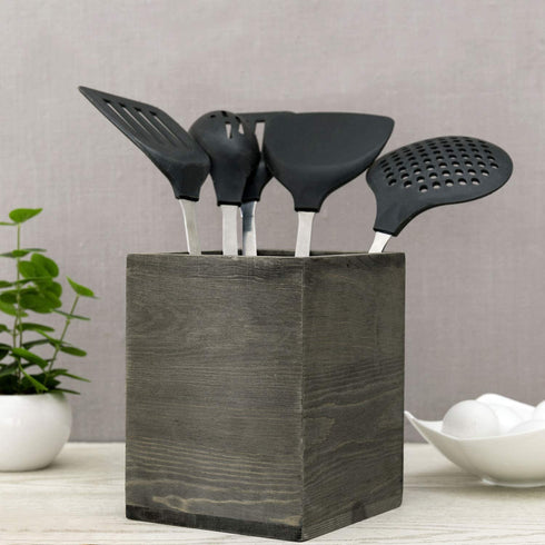 MyGift Rustic Vintage Gray Wood Crock Utensil Holder/Kitchen Essential Organization Square Caddy/Countertop Silverware Organizer Bin
