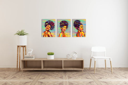 Framed Canvas Wall Decor Art Print Picture for Living Room- Wall Decorations for Bedroom Green Gray African Girls Painting- Modern Home Wall Decor Stretched and Framed Ready to Hang Pictures- 12"x16"x3 Panels