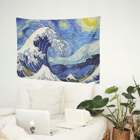 Spanker Space Van Gogh Starry Night and Japanese The Great Wave Painting Artistic Tapestry 48 x 60 Inches with Hanging Accessories for Home Dorm Wall Art Decor