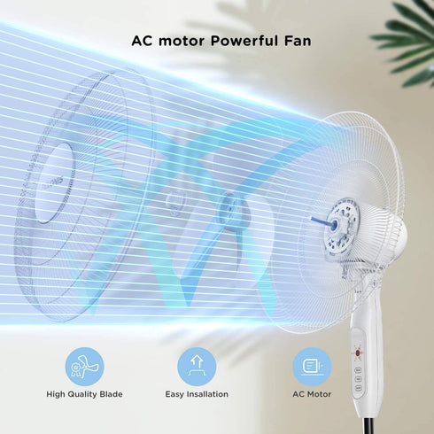 PELONIS 2021 16'' Pedestal Remote Control Oscillating Stand Up Fan 7-Hour Timer, 3-Speed and Adjustable Height, PFS40A4BWW, Supreme 16"-White