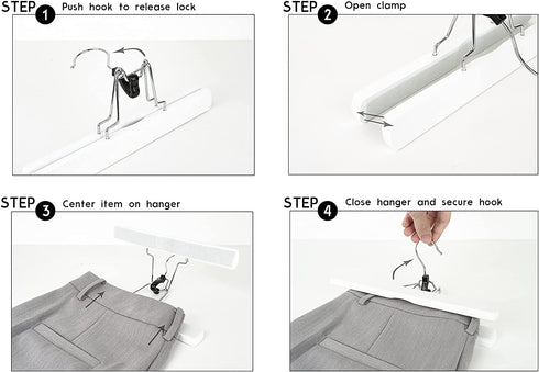 Amber Home White Wooden Pants Hangers 10 Pack, Wood Clamp Hangers with Non Slip Padded Velvet, Jeans/Slacks Hangers Hair Extension Hangers for Skirts, Trousers, Wig (White, 10)