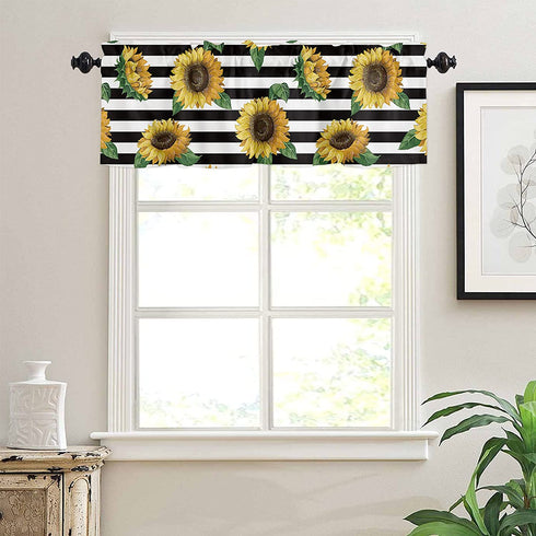 Sunflowers Valance Curtain for Windows, Farmhouse Black Stripes 54x18in Privacy Panel Rod Pocket Window Treatment Set, Summer Rural Sunflower Short Valances for Bathroom Kitchen Bedroom(1Pcs)