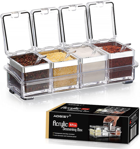 Aogist Kitchen Spice Pots 4 Piece Clear Seasoning Box - Premium Quality Seasoning Storage Container - Storage Container Condiment Jars - Seasoning Rack - Acrylic Seasoning Box with Cover and Spoon 304 Steel Edge