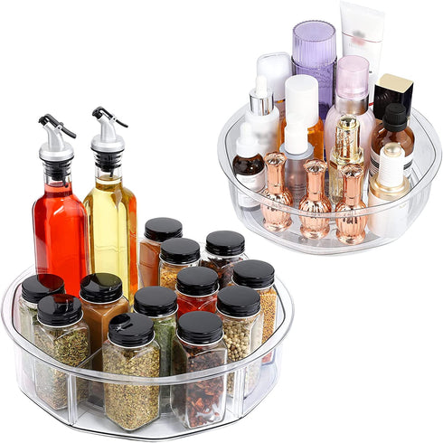 Lazy Susan Turntable Organizer, 12''&9'' 2 Pack Round Plastic Clear Storage Container with Removable Dividers for Kitchen, Cabinet, Pantry, Fridge- Spinning Organizer for Spices, Condiments
