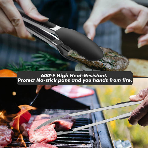 ChefAide 9/12 inches Cooking Tongs, 18/8 Stainless Steel with 600ºF High Heat-Resistant , Set of 2 Premium Silicone Rubber Grips Kitchen Locking Tong for Grill,Salad,BBQ,Frying,Baking,Serving (Black)