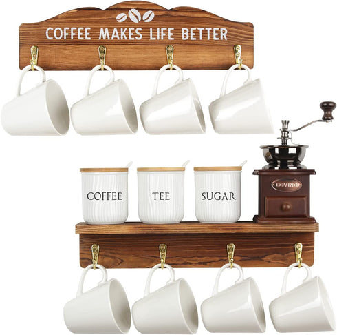 J JACKCUBE DESIGN Coffee Mug Rack, Wall Mounted Wooden 12 Coffee Cup Holder Organizer with Coffee Sign for Home Kitchen Cafe Decor - MK737A