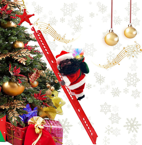 Electric Climbing Ladder Santa Claus, African American Santa Climbing Ladder with Music Funny Singing Climbing Santa LED Novelty Black Santa Claus Decor for Christmas Tree Hanging Ornament Xmas Gift