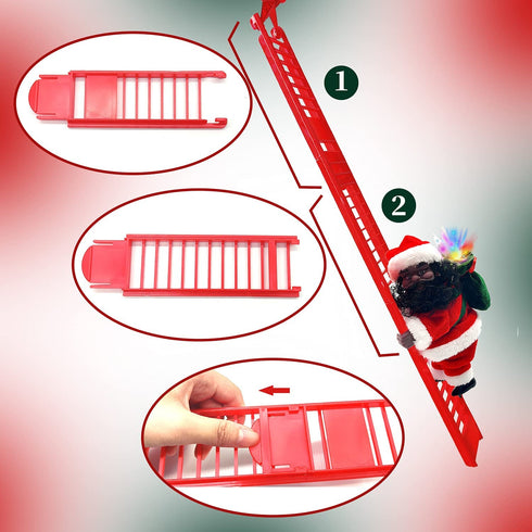 Electric Climbing Ladder Santa Claus, African American Santa Climbing Ladder with Music Funny Singing Climbing Santa LED Novelty Black Santa Claus Decor for Christmas Tree Hanging Ornament Xmas Gift
