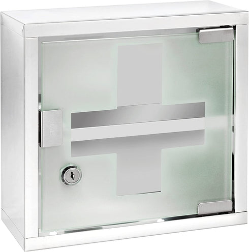 WENKO Locking Medicine Mounted Bathroom Storage, Hanging Medical, First Aid Wall Cabinet with Safety Glass Door, Modern, Small, Square, Silver Shiny