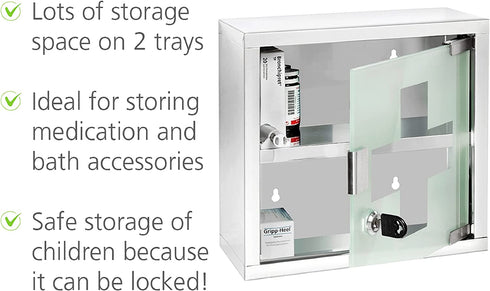 WENKO Locking Medicine Mounted Bathroom Storage, Hanging Medical, First Aid Wall Cabinet with Safety Glass Door, Modern, Small, Square, Silver Shiny