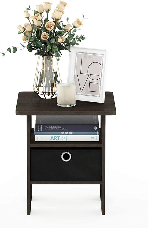 Furinno Andrey End Table / Side Table / Night Stand / Bedside Table with Bin Drawer, Dark Brown/Black