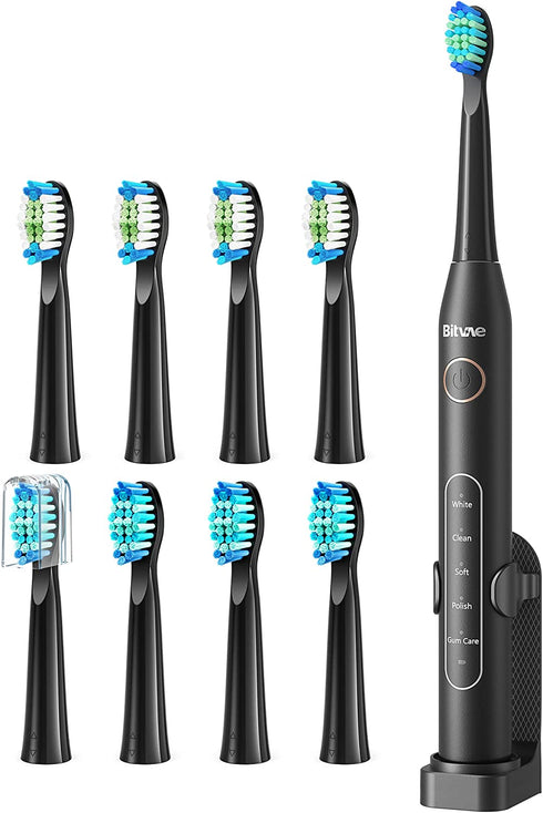 Bitvae Ultrasonic Electric Toothbrushes - Electric Toothbrush for Adults and Kids , American Dental Association Accepted , Rechargeable Travel Sonic Toothbrush with 8 Heads , Black D2