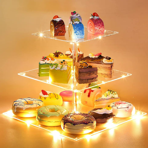 Acrylic Cupcake Stand Clear Cupcake Tower Dessert Cake Stands Transparent Cupcake Holder Stand Square Cupcake Display Stand Dessert Cupcake Tray with LED for Decor (Yellow Light)