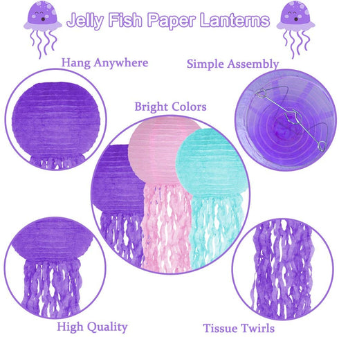 Jelly Fish Paper Lanterns, Pink Purple Blue Hanging Lantern for Mermaid Unicorn Theme Under The Sea Ocean Birthday Party Decorations Set of 6