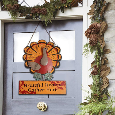 MorTime Thanksgiving Hanging Turkey Wall Decor Welcome Sign, 15" Metal Hanging Turkey Art Door Wall Sculpture, Harvest Turkey Decor for Home Office Thanksgiving Decorations
